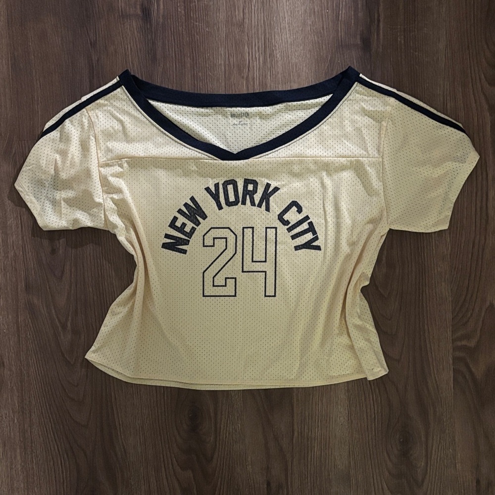 Hollister Cream and Navy Off the Shoulder New York City 24 Jersey Top